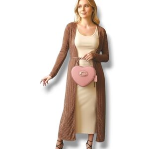 Tan Stretchy Mesh Duster Cardigan With Front Tie Detail Size Large NWOT